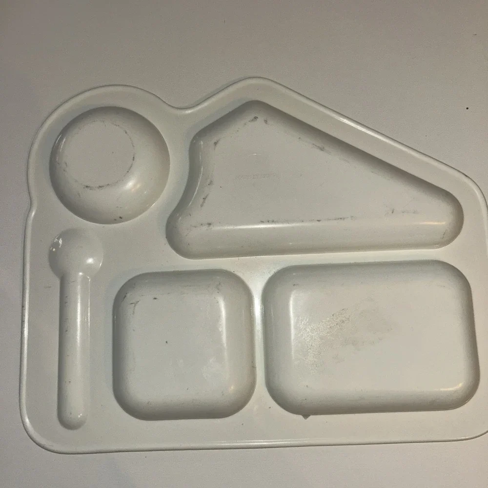 Vintage Melamine Kids Divided Tray Plate Storybook Mushroom Bear Cat Spoon